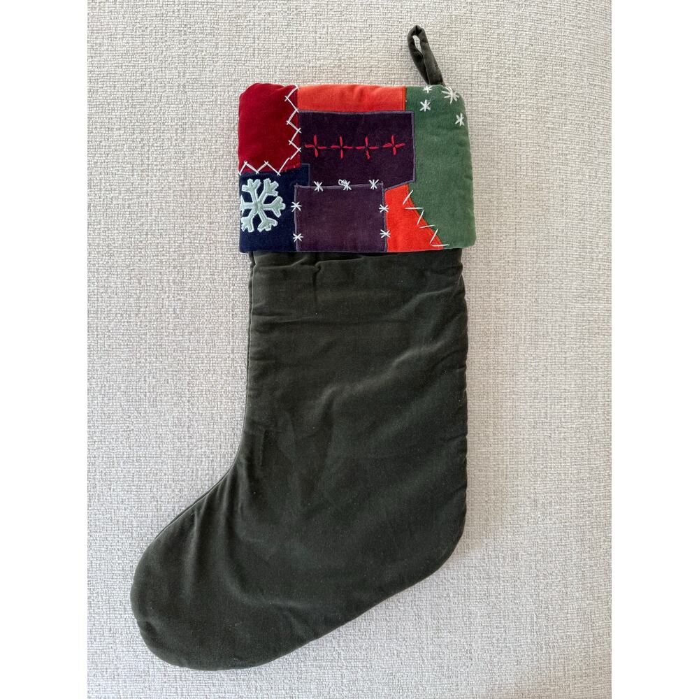 Velour Patchwork Christmas Stocking Green‎ Cottage Core Folk Art Country Decor